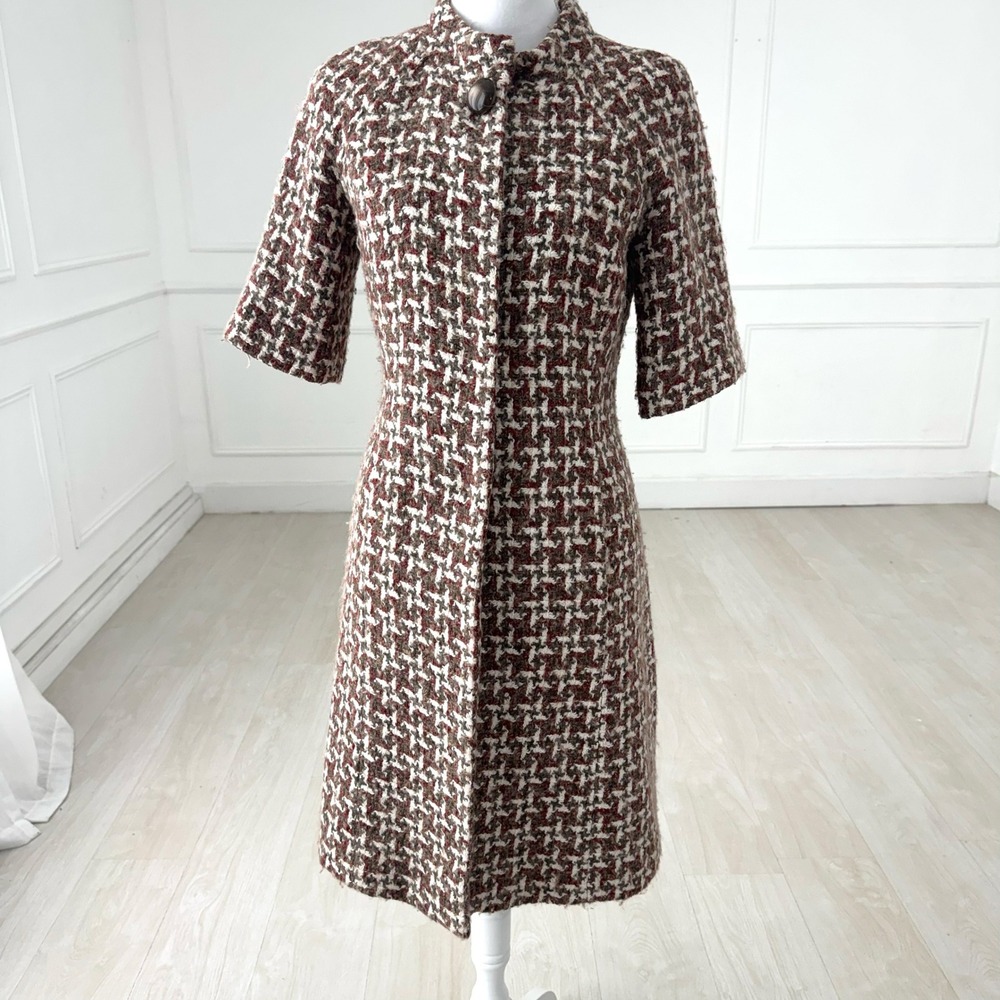 Semantiks Womens Small Brown Houndstooth‎ Wool Blend Short Sleeve Coat Jacket